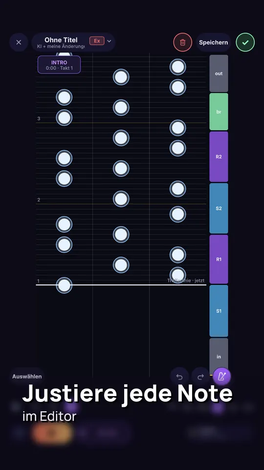 Rhythm-Guru-Map-Editor: Noten auf drei Spuren über dem Beat-Raster
