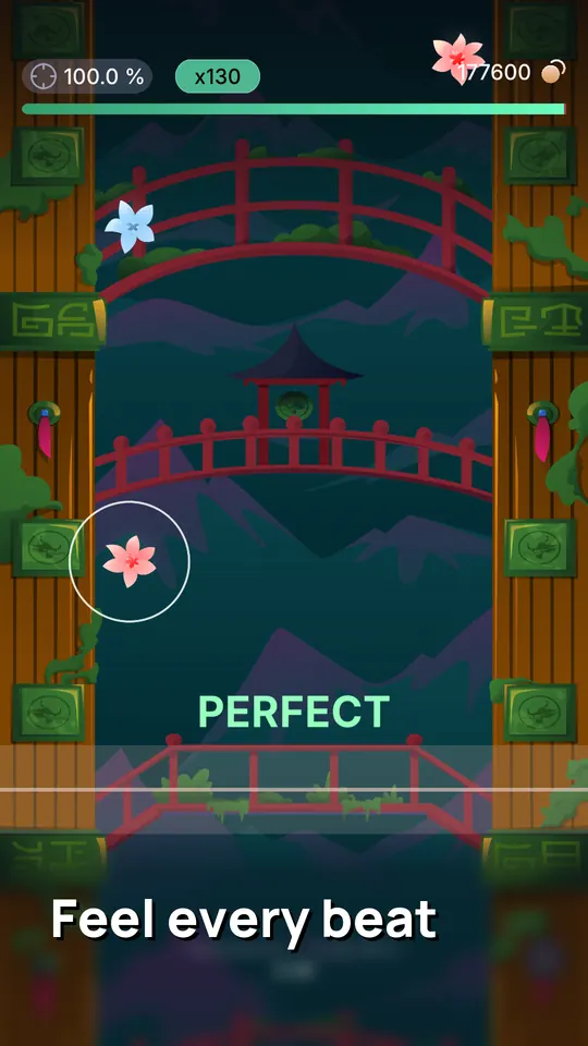 Rhythm Guru gameplay: notes dropping on three lanes, PERFECT hit