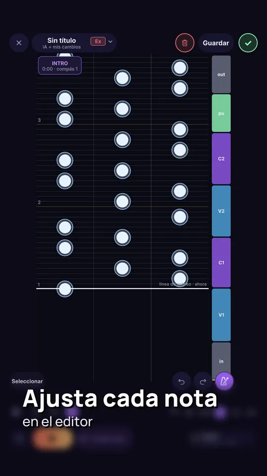 Editor de mapas de Rhythm Guru: notas en tres carriles sobre la cuadrícula de pulsos