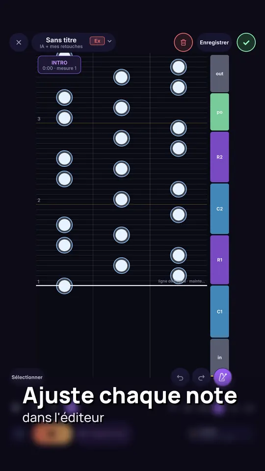 Éditeur de maps de Rhythm Guru : notes sur trois colonnes posées sur la grille de temps