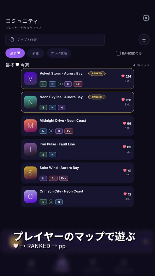 Rhythm Guru: プレイヤーのマップで遊ぶ — ♥ → RANKED → pp