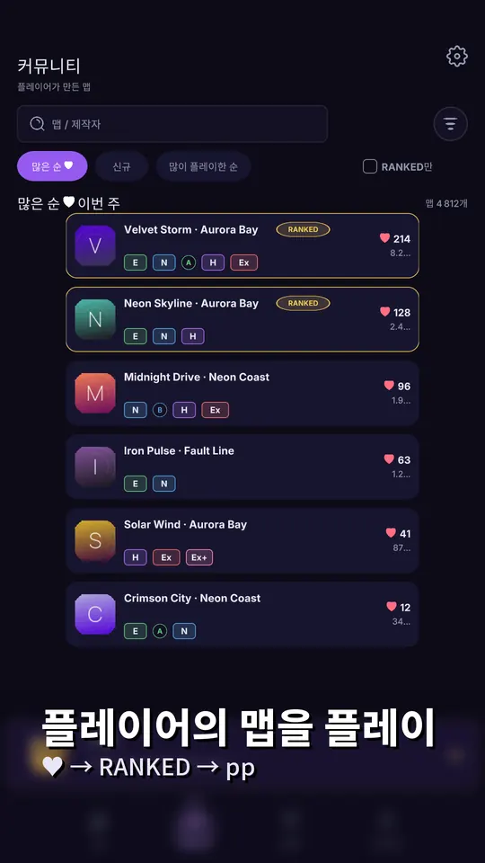 Rhythm Guru: 플레이어의 맵을 플레이 — ♥ → RANKED → pp